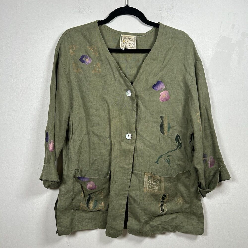 Play Alegre Artsy Boxy Linen Hand Painted Jacket Green Women's Size XS Oversized